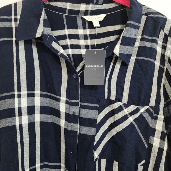 Lucky Brand Plaid Shirt Womens XL Long Sleeve Button Down Tie Front Navy - Picture 3 of 6